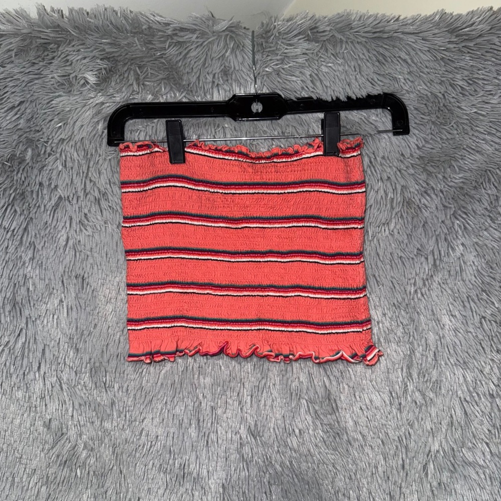 Y2k Billabong Coral Stripe Smocked Tube Top M/M Strapless Ruffle Hem